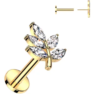 Gold Tone Surgical Steel Flat Back Earring - 18 Gauge With Cubic Zirconia Leaves