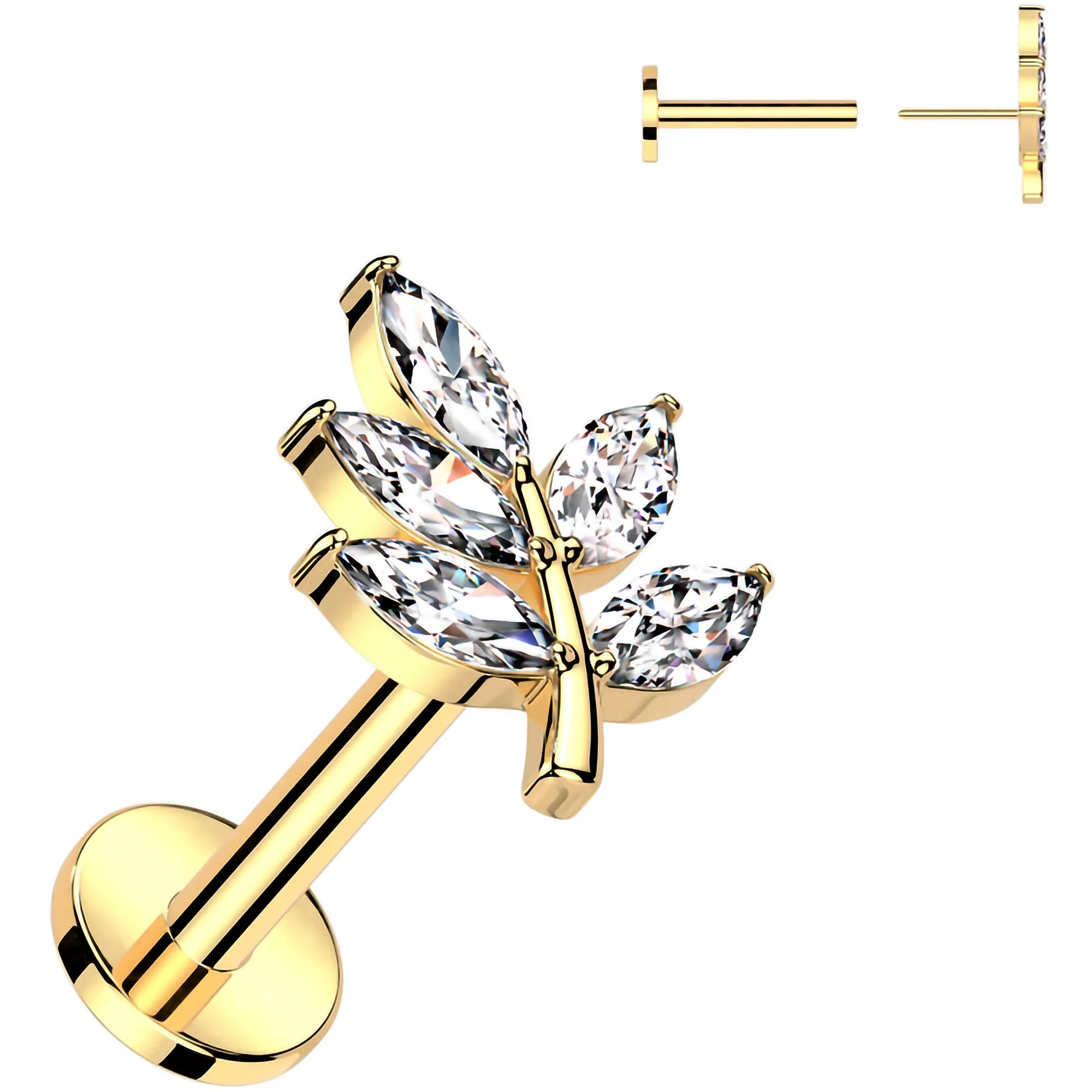 Gold Tone Surgical Steel Flat Back Earring - 18 Gauge With Cubic Zirconia Leaves