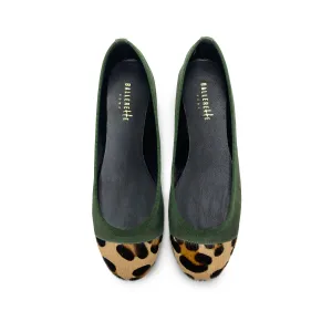 Green suede ballet flats with animal print toe