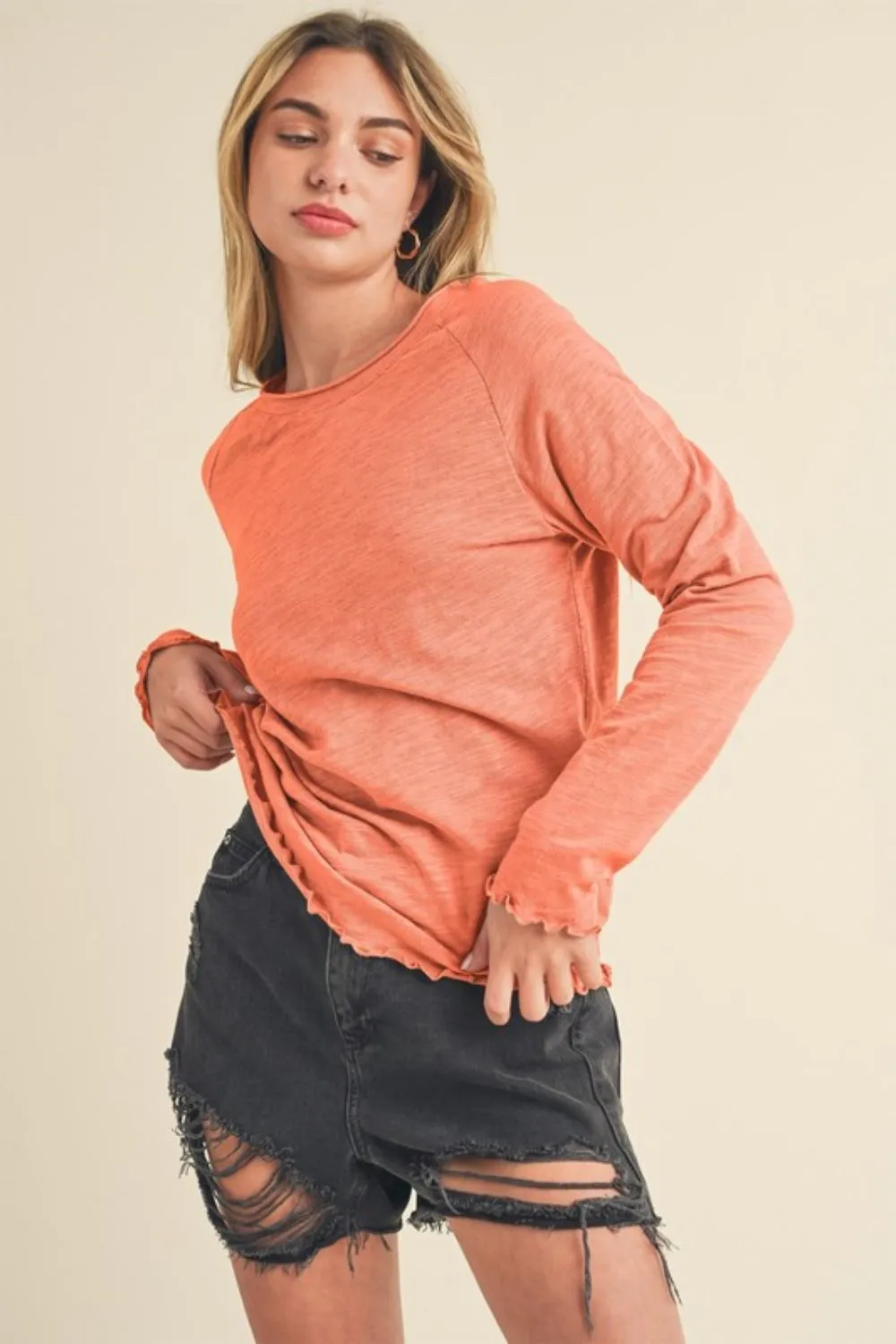 Hazel Blues® |  Aemi   Co Lettuce Hemline Round Neck Raglan Sleeve T-Shirt