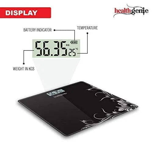 Healthgenie Thick Tempered Glass Lcd Display Digital Weighing Machine , Weight Machine For Human Body Digital Weighing Scale, Weight Scale, with 2 Year Warranty & Batteries Included (Black Pattern)