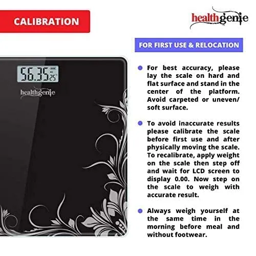 Healthgenie Thick Tempered Glass Lcd Display Digital Weighing Machine , Weight Machine For Human Body Digital Weighing Scale, Weight Scale, with 2 Year Warranty & Batteries Included (Black Pattern)