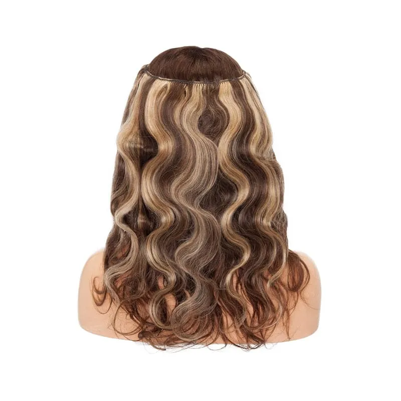 Human Hair Extensions 16"-24" Highlights Halo Wavy Wigs Light Volume