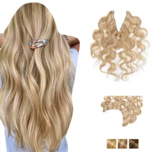 Human Hair Extensions 16"-24" Highlights Halo Wavy Wigs Light Volume