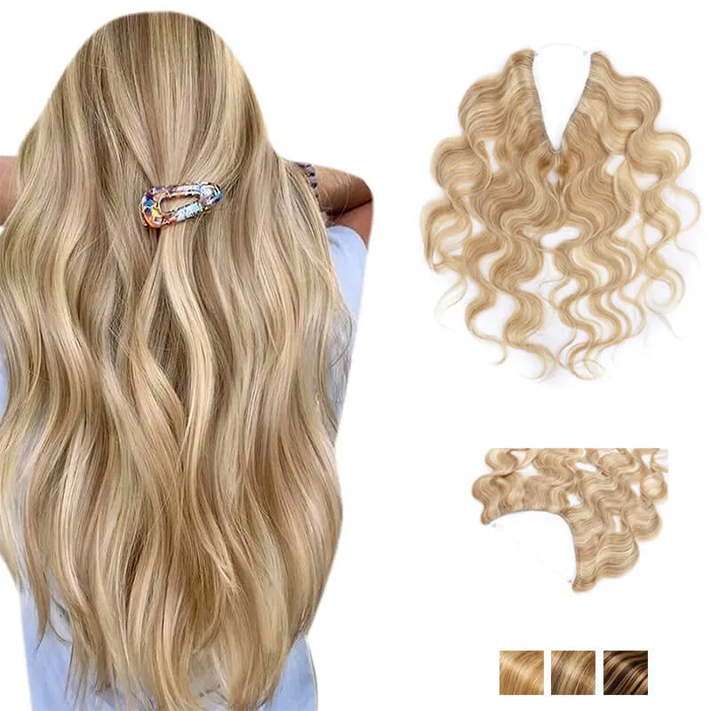 Human Hair Extensions 16"-24" Highlights Halo Wavy Wigs Light Volume