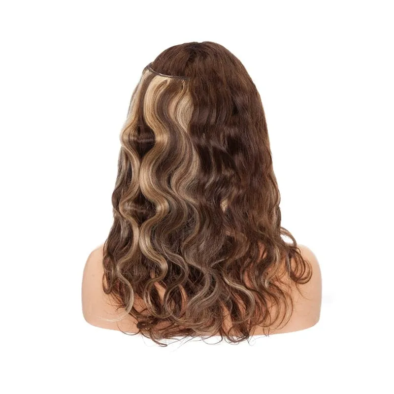 Human Hair Extensions 16"-24" Highlights Halo Wavy Wigs Light Volume