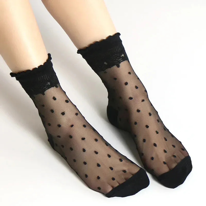 Invisible Socks Women Summer Lace Socks Crystal Silk Polka Dot Ankle Socks Glass Black White Transparent Sock for Ladies