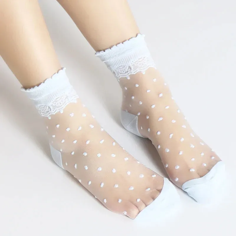 Invisible Socks Women Summer Lace Socks Crystal Silk Polka Dot Ankle Socks Glass Black White Transparent Sock for Ladies