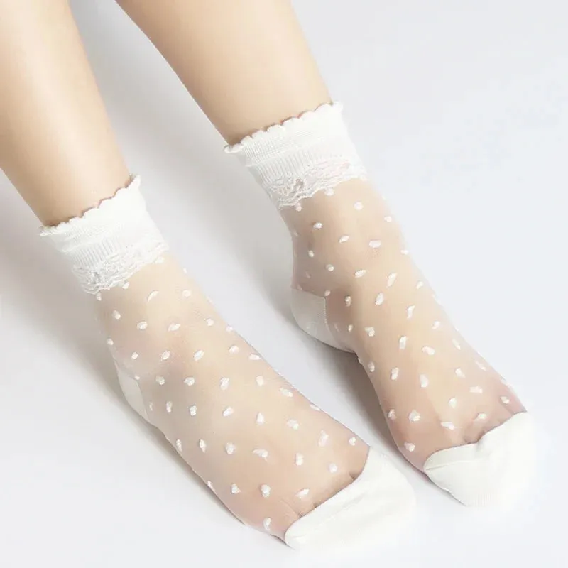 Invisible Socks Women Summer Lace Socks Crystal Silk Polka Dot Ankle Socks Glass Black White Transparent Sock for Ladies