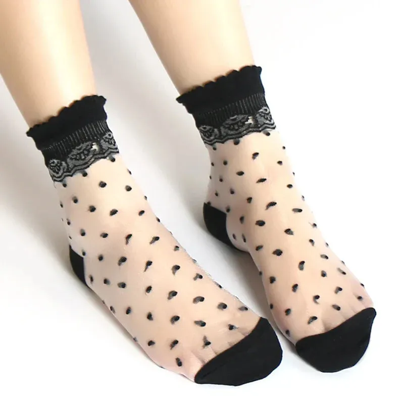 Invisible Socks Women Summer Lace Socks Crystal Silk Polka Dot Ankle Socks Glass Black White Transparent Sock for Ladies