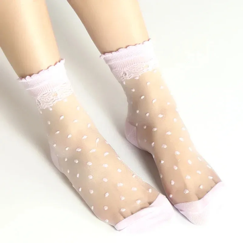 Invisible Socks Women Summer Lace Socks Crystal Silk Polka Dot Ankle Socks Glass Black White Transparent Sock for Ladies