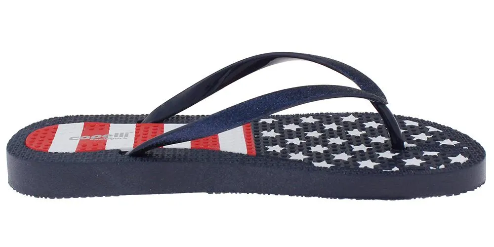 Ladies Fashion Flip Flops with American Flag Print and Glitter Trim