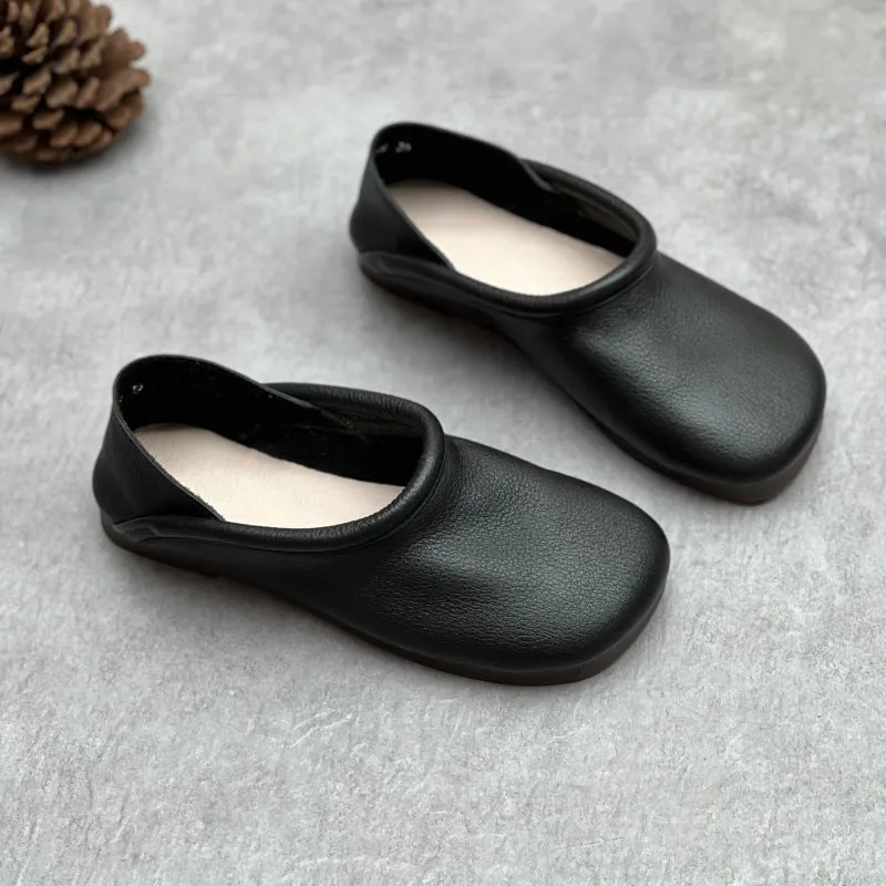 Ladies Retro Soft Leather Slip-On Flats with Rolled Edge
