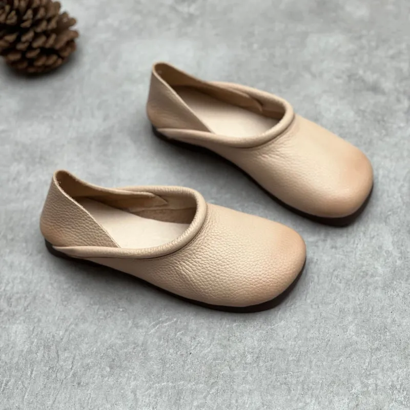 Ladies Retro Soft Leather Slip-On Flats with Rolled Edge