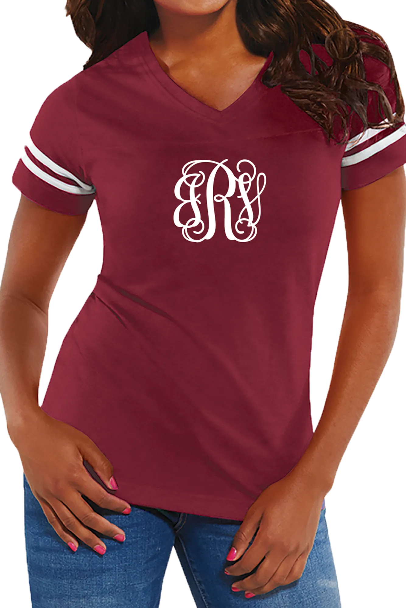 L.A.T. Ladies' Fine Jersey Football T-Shirt, Burgundy/White *Personalize It