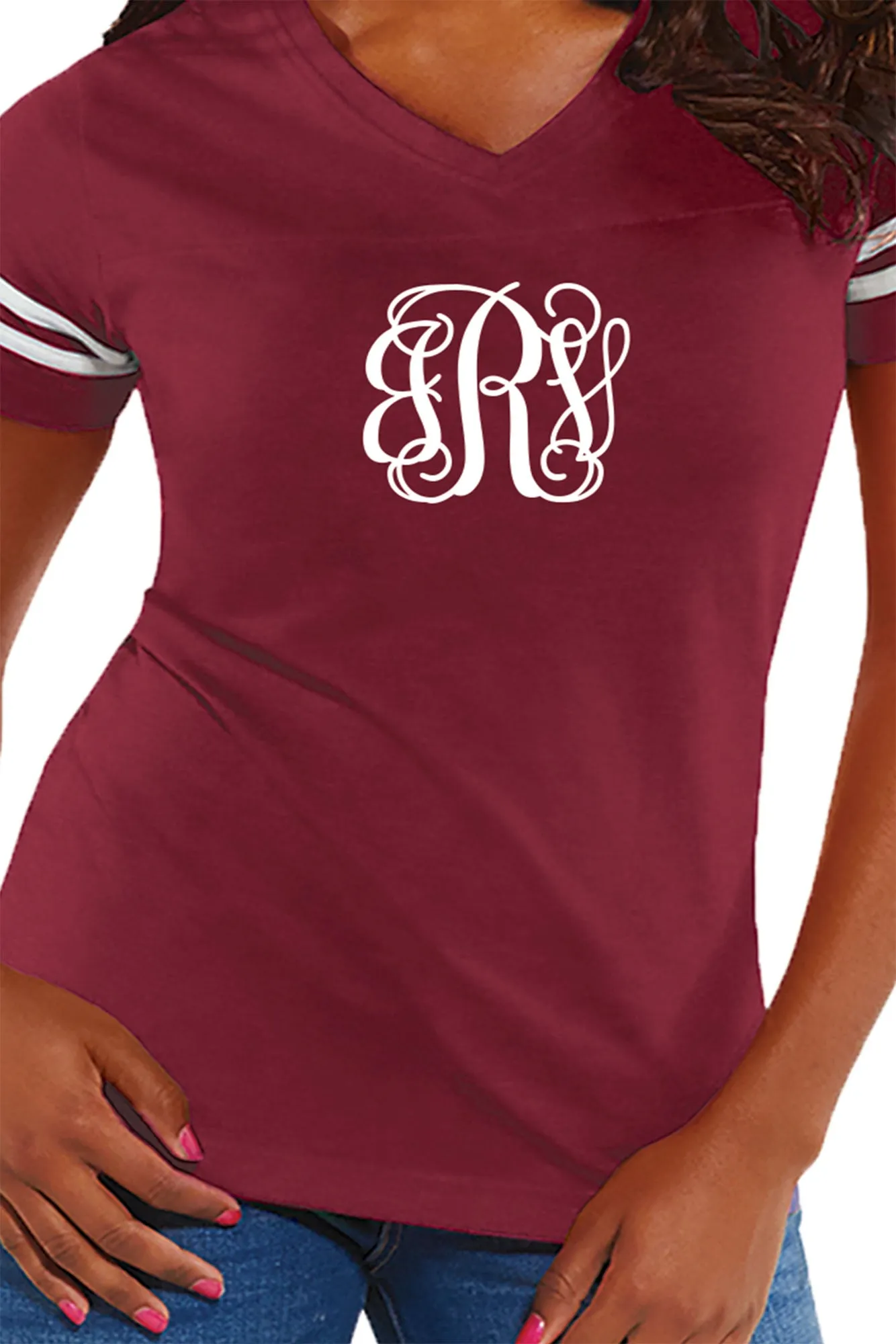 L.A.T. Ladies' Fine Jersey Football T-Shirt, Burgundy/White *Personalize It