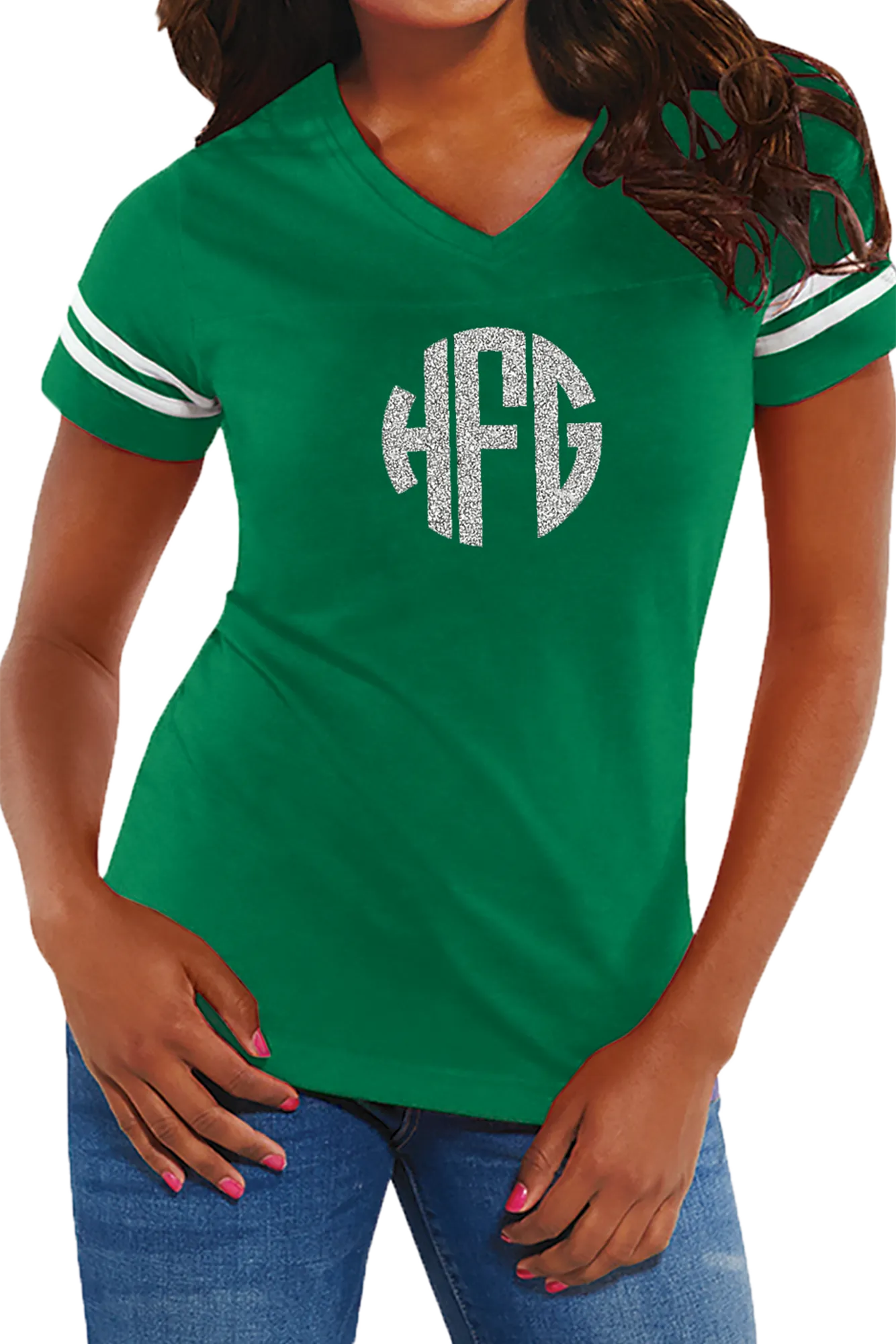 L.A.T. Ladies' Fine Jersey Football T-Shirt, Green/White *Personalize It