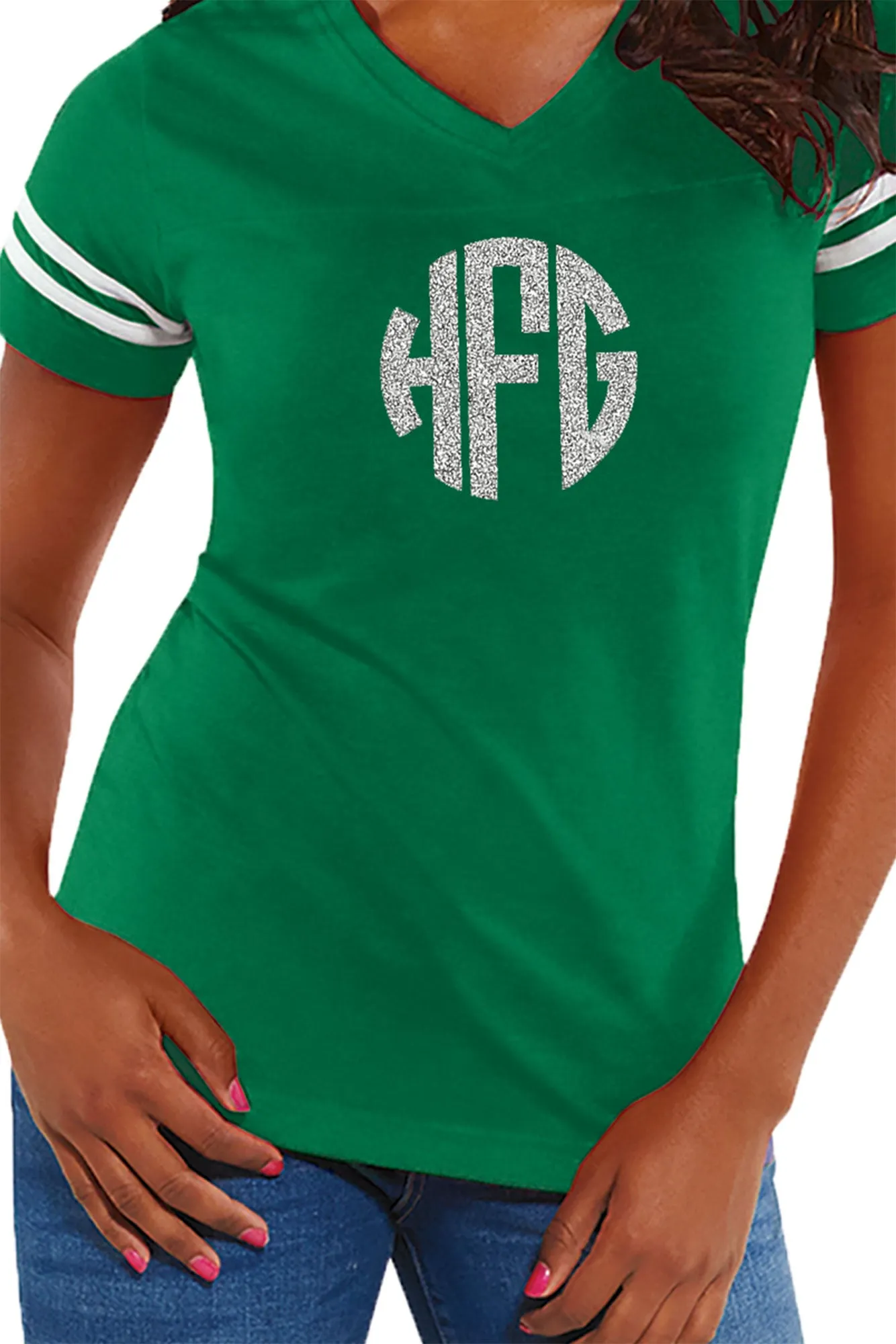L.A.T. Ladies' Fine Jersey Football T-Shirt, Green/White *Personalize It