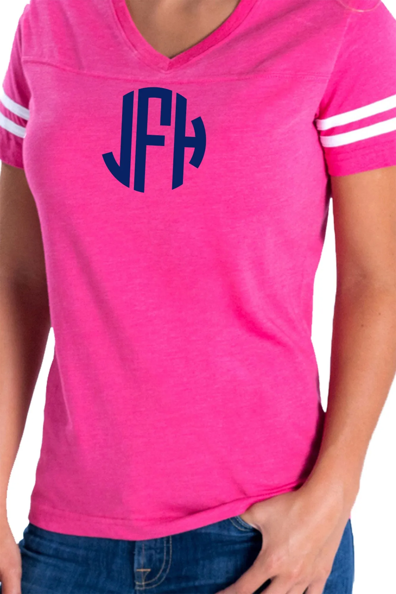 L.A.T. Ladies' Fine Jersey Football T-Shirt, Hot Pink/White *Personalize It