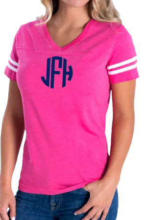 L.A.T. Ladies' Fine Jersey Football T-Shirt, Hot Pink/White *Personalize It