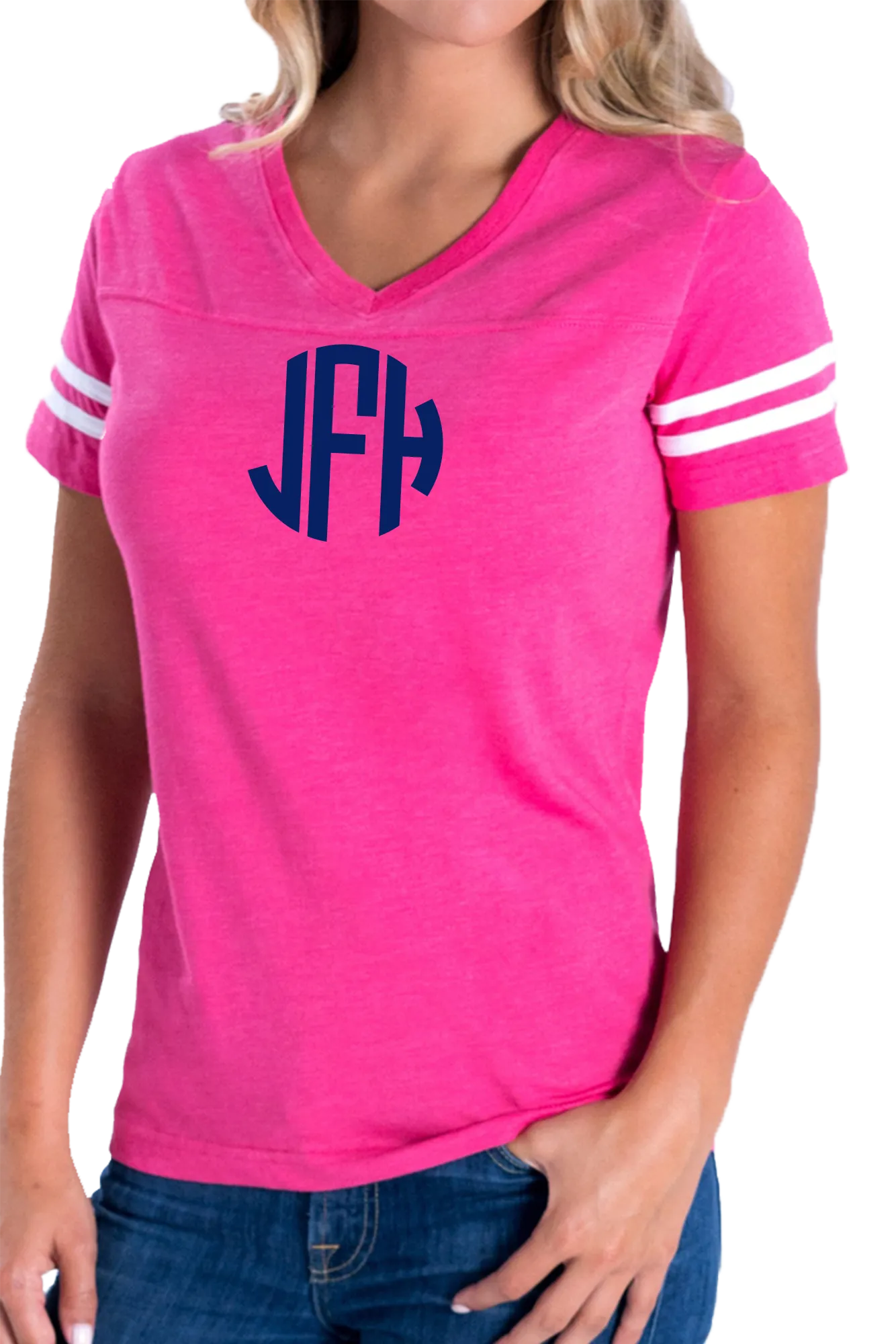 L.A.T. Ladies' Fine Jersey Football T-Shirt, Hot Pink/White *Personalize It