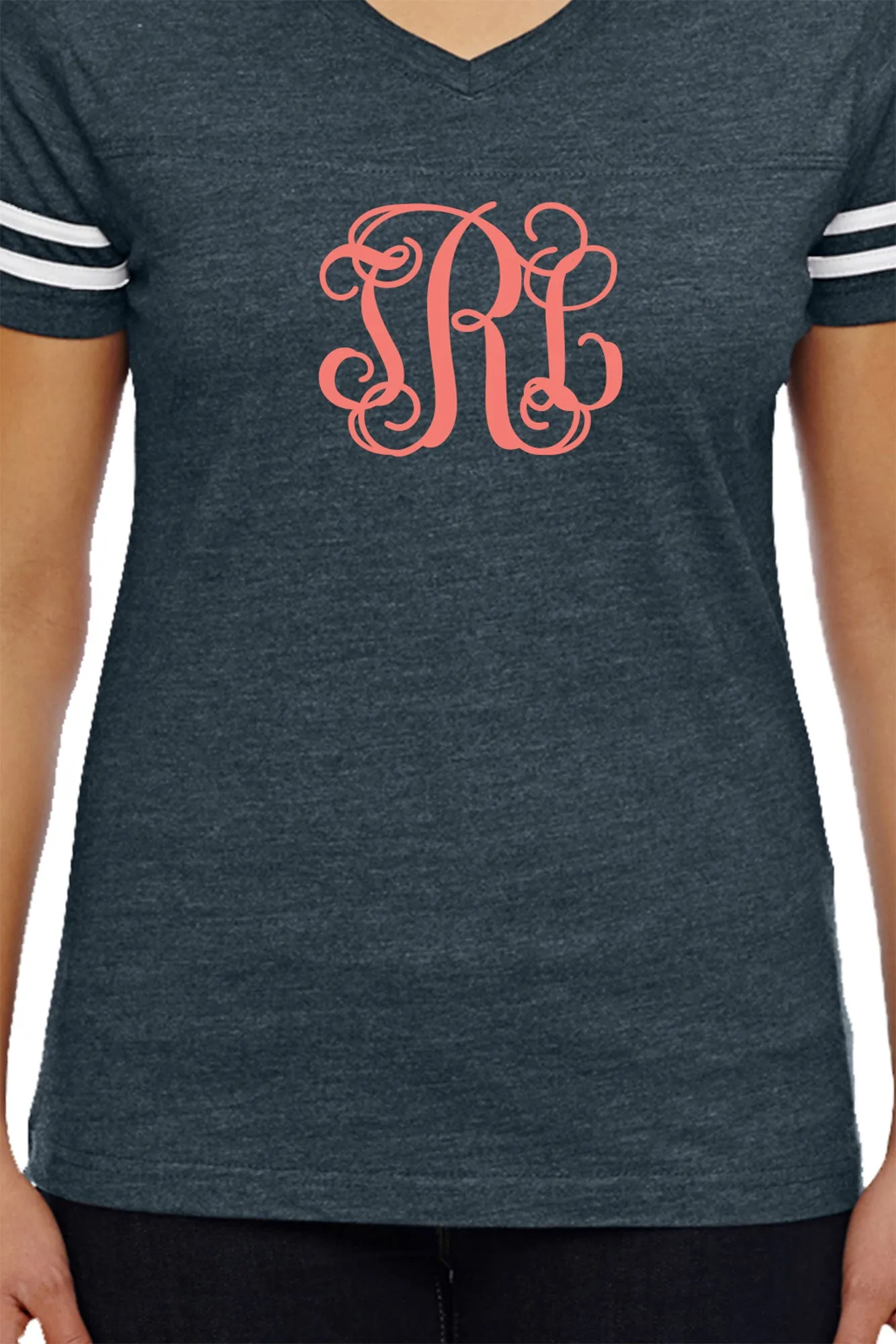 L.A.T. Ladies' Fine Jersey Football T-Shirt, Navy/White *Personalize It