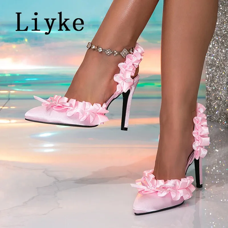 Liyke Fashion Design Pleated Silk Pointed Toe Pink High Heels Wedding Prom Shoes Female Slip On Back Strap Sandal Women Pumps