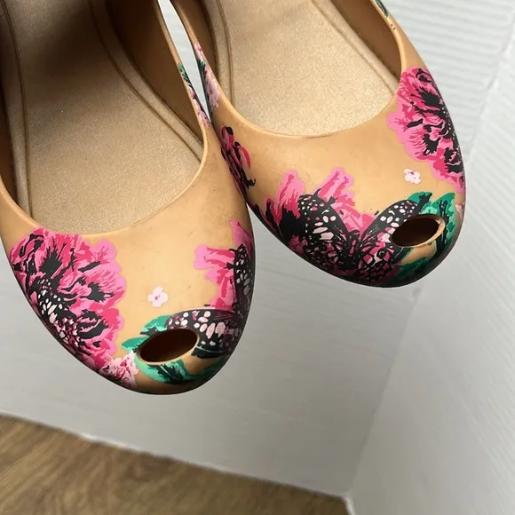 Melissa Ultragirl 3DB Flygirl Collection Peep Toe Floral Slip-On Flats Size 8