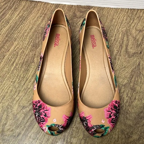 Melissa Ultragirl 3DB Flygirl Collection Peep Toe Floral Slip-On Flats Size 8