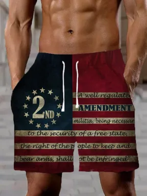 Men's Second Amendment Written on Flag Print Casual Shorts