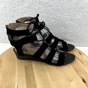 Neiman Marcus Gladiator Sandal Womens Size 8 Black Suede Leather Strappy Tie Zip