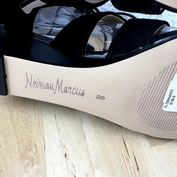 Neiman Marcus Gladiator Sandal Womens Size 8 Black Suede Leather Strappy Tie Zip