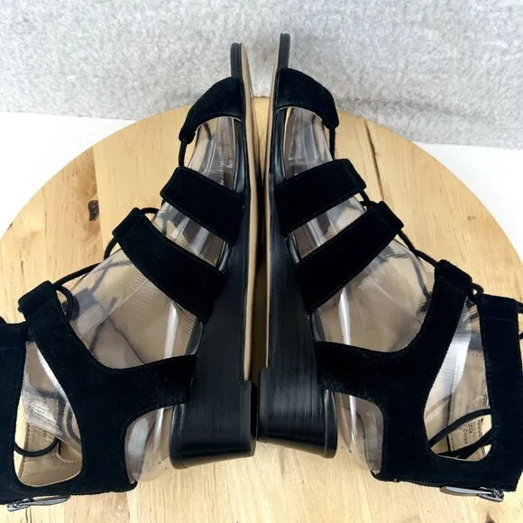 Neiman Marcus Gladiator Sandal Womens Size 8 Black Suede Leather Strappy Tie Zip