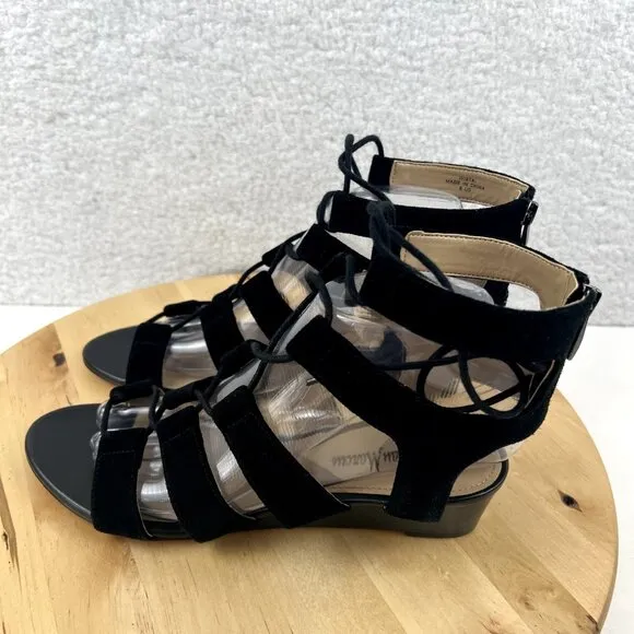 Neiman Marcus Gladiator Sandal Womens Size 8 Black Suede Leather Strappy Tie Zip