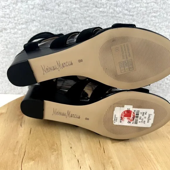 Neiman Marcus Gladiator Sandal Womens Size 8 Black Suede Leather Strappy Tie Zip