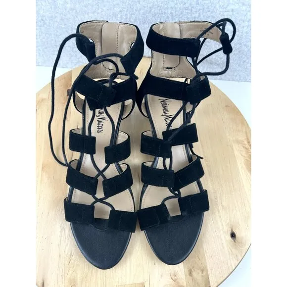 Neiman Marcus Gladiator Sandal Womens Size 8 Black Suede Leather Strappy Tie Zip