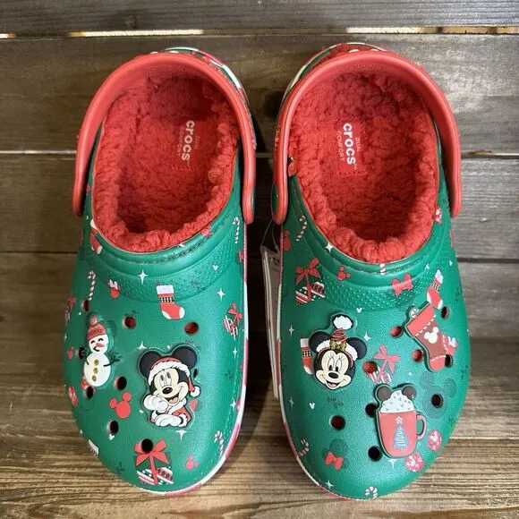 New $65 Big Kids Crocs Disney Mickey‎ Mouse Holiday Lined Sandals Shoes Size 2 Y