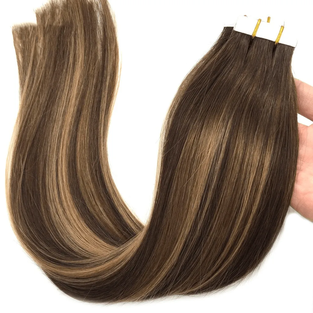 Ombre Chocolate Brown to Caramel Blonde 20pcs 50g Straight Tape in Hair Extensions