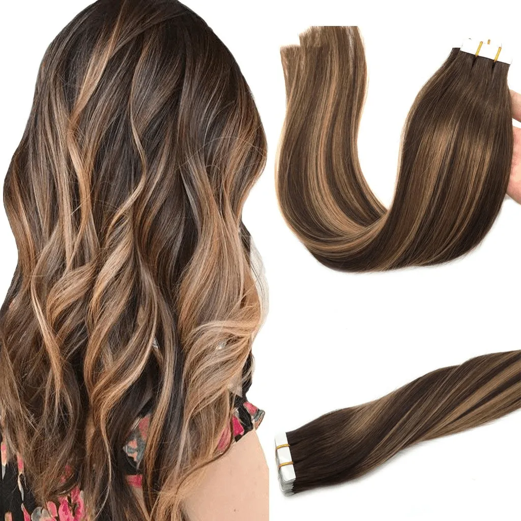 Ombre Chocolate Brown to Caramel Blonde 20pcs 50g Straight Tape in Hair Extensions