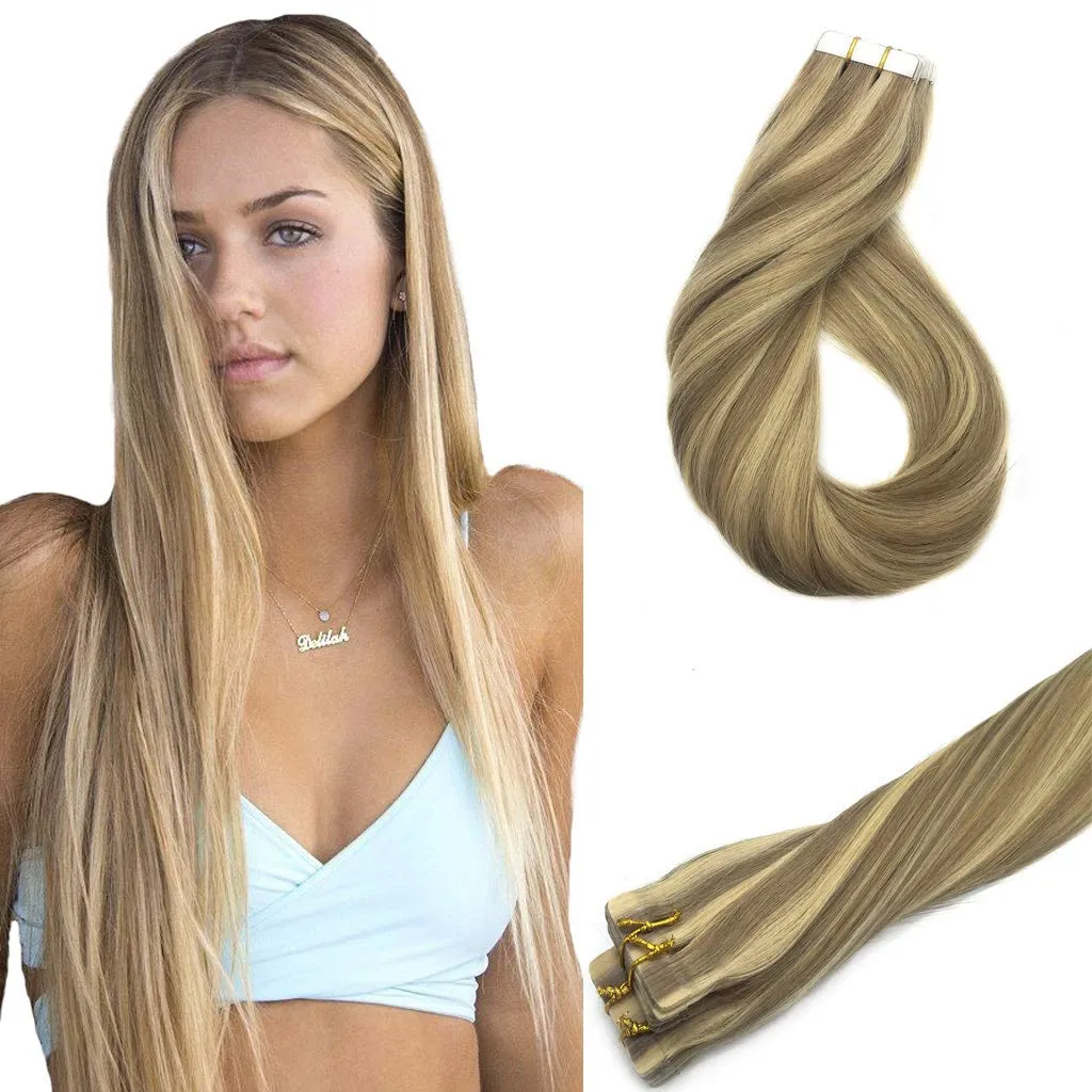 Ombre Light Blonde Highlighted Golden Blonde 20pcs 50g Straight Tape in Hair Extensions