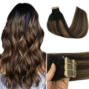 Ombre Natural Black to Chestnut Brown Balayage 20pcs 50g Straight Tape in Hair Extensions