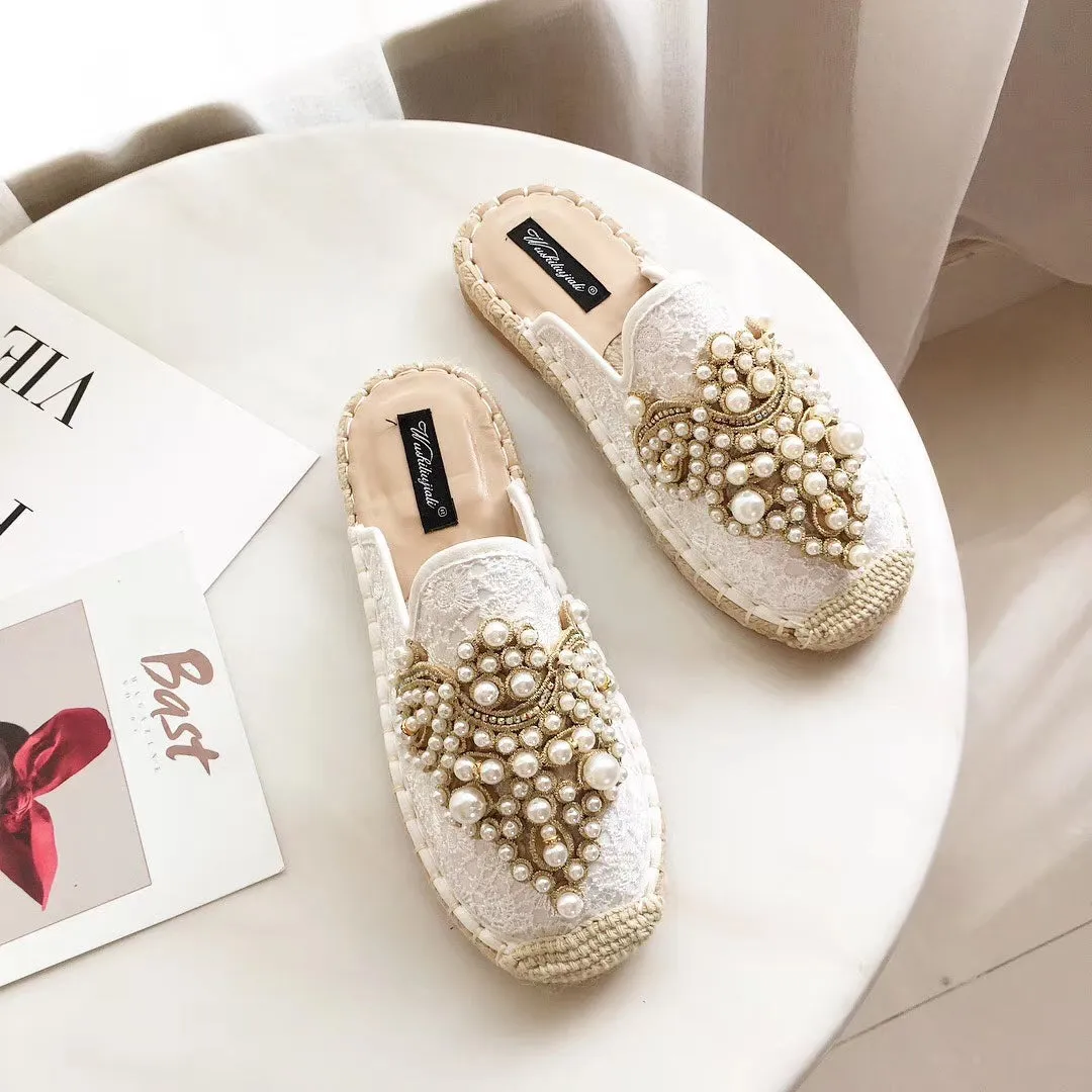 Pearl Embellishment Slip On Rope Flats