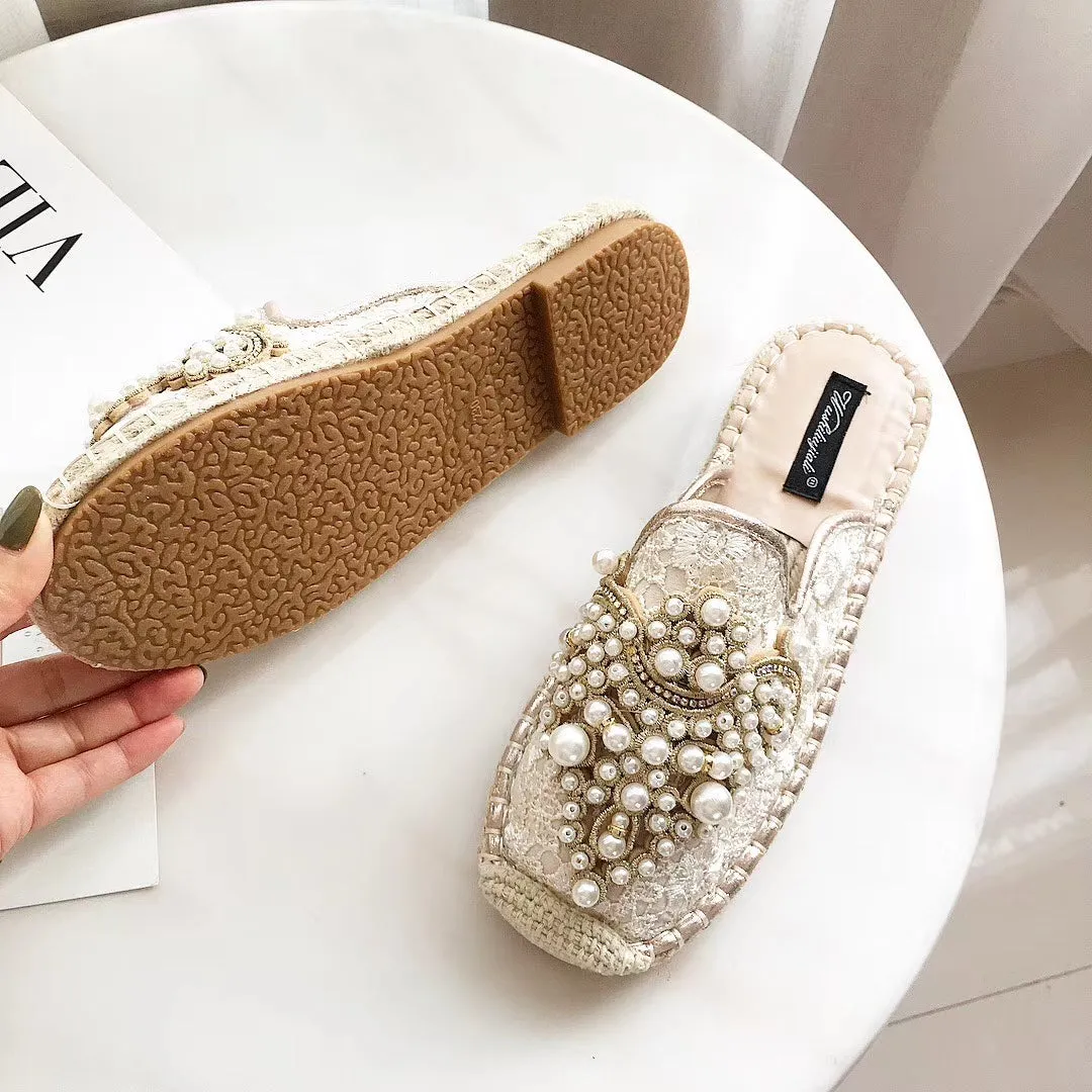 Pearl Embellishment Slip On Rope Flats