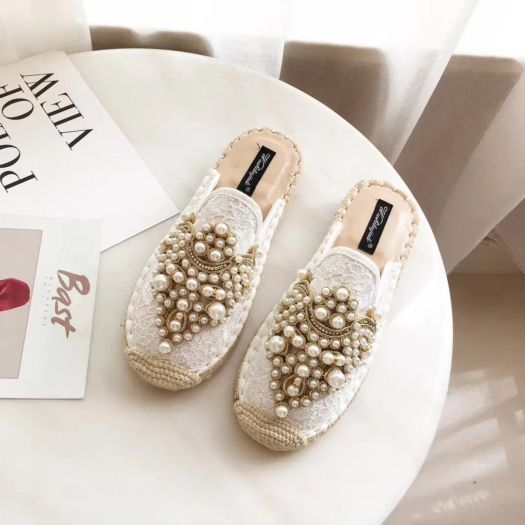 Pearl Embellishment Slip On Rope Flats