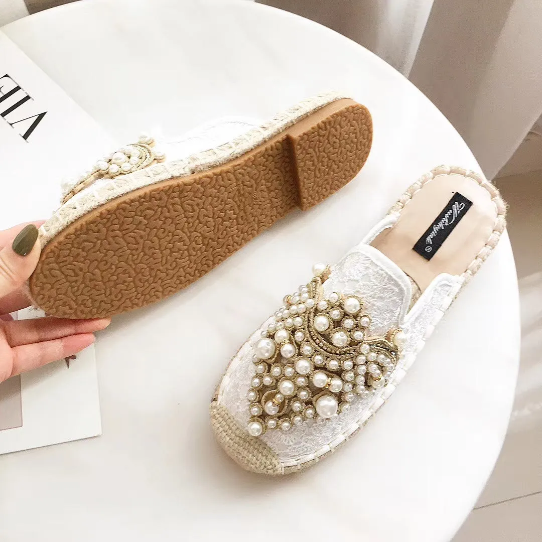 Pearl Embellishment Slip On Rope Flats