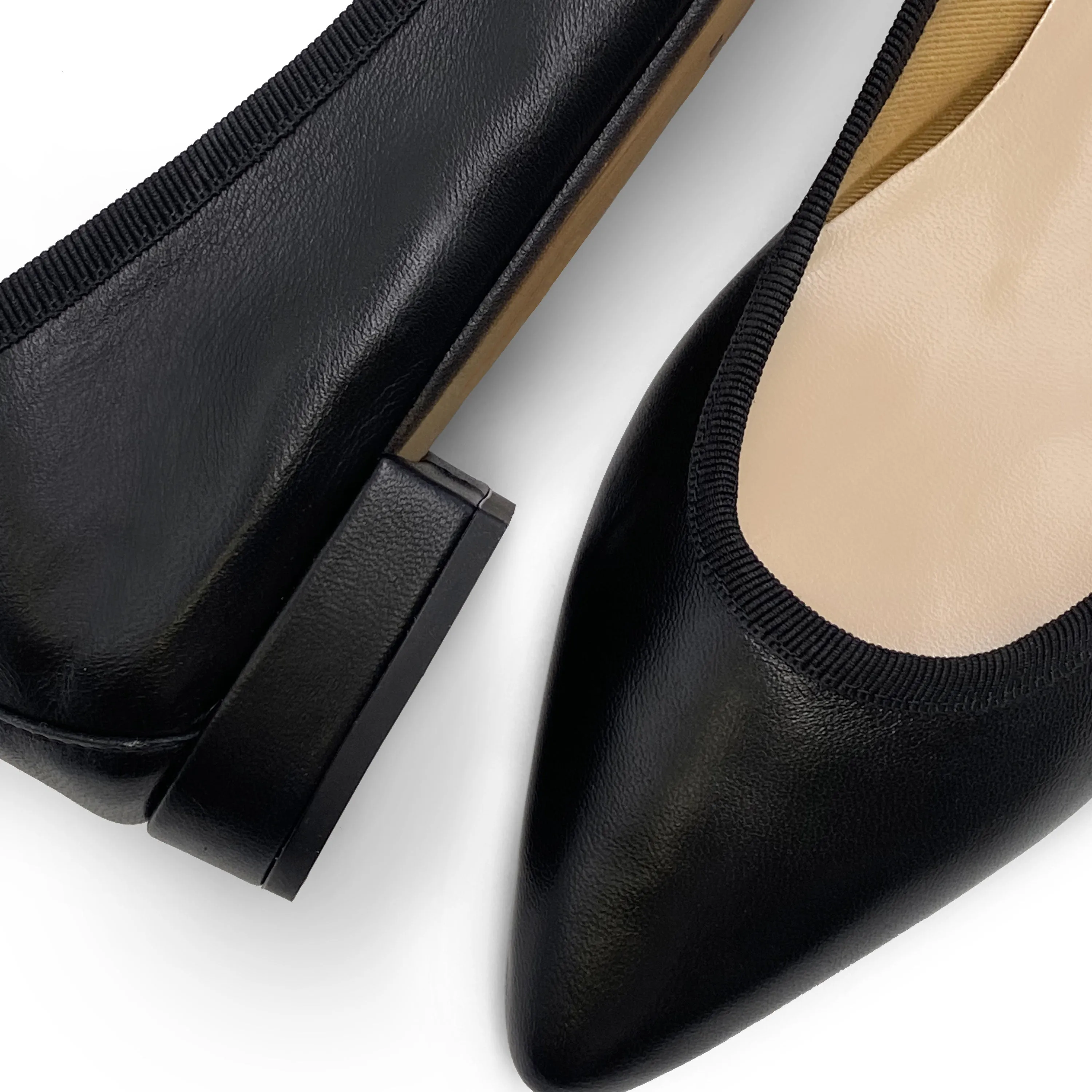 Pointed toe black leather ballet flats