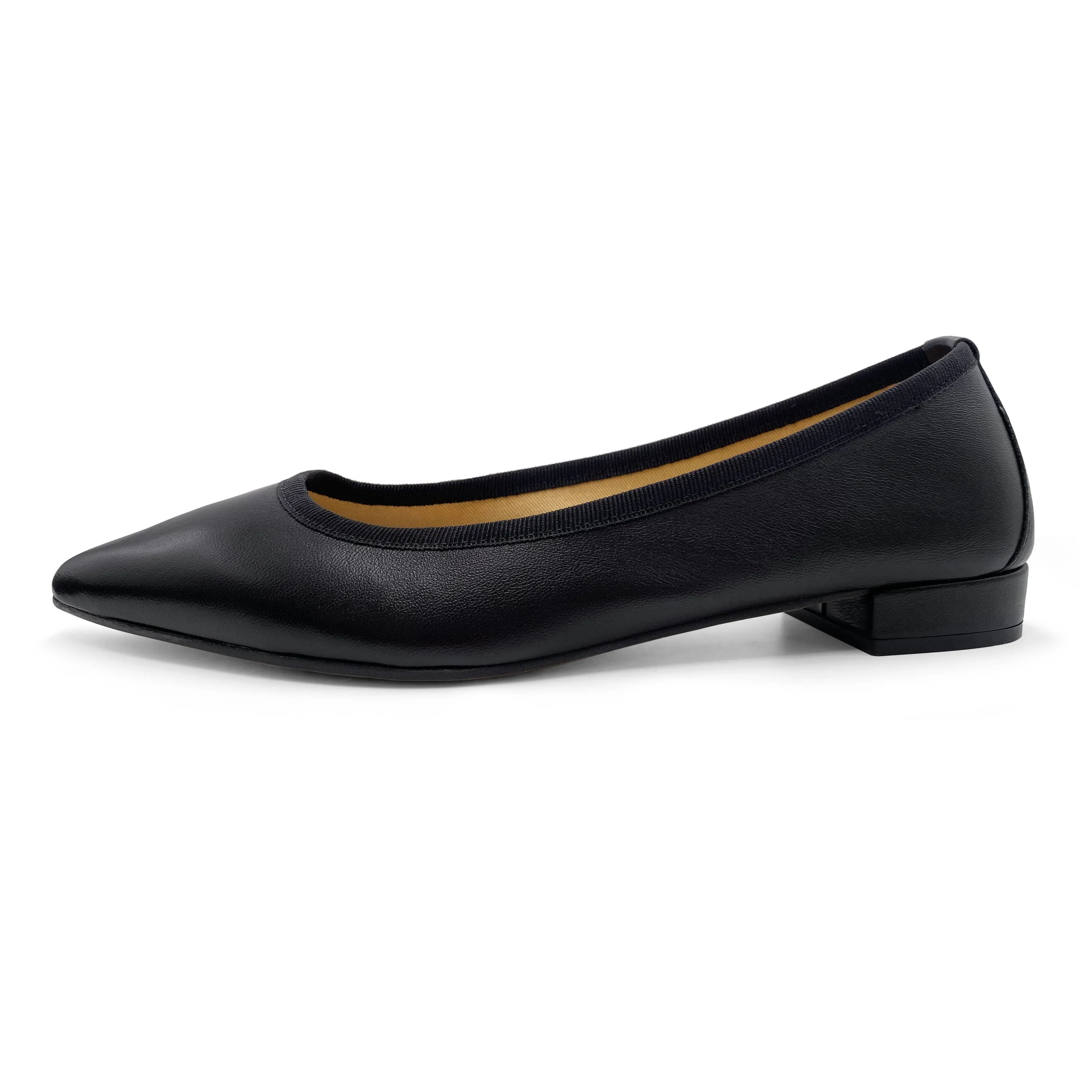Pointed toe black leather ballet flats