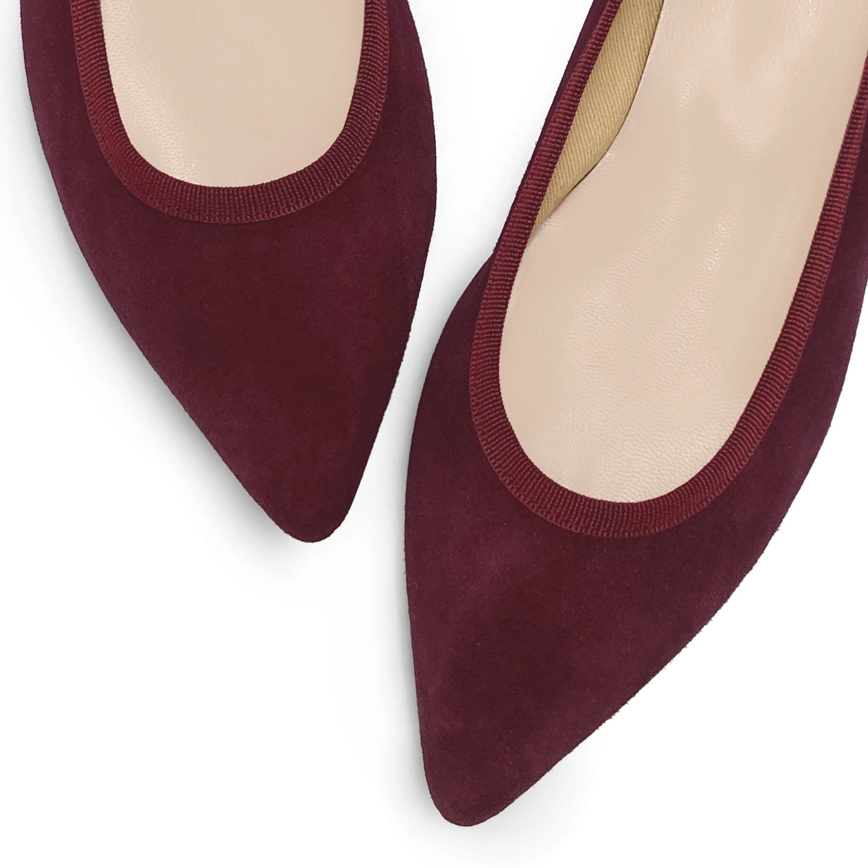 Pointed toe burgundy suede ballet flats