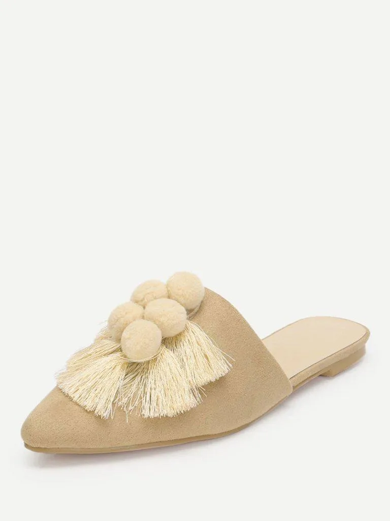 Pom Pom & Tassel Front Flat Mules