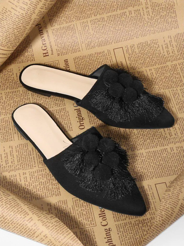 Pom Pom & Tassel Front Flat Mules